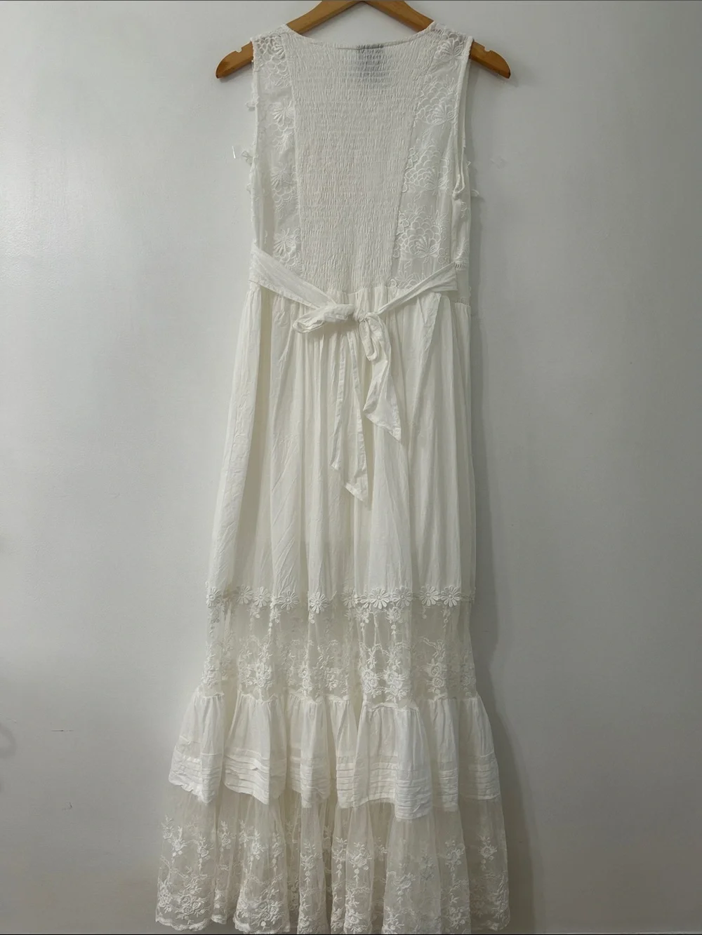 White Lace Bohemian Maxi Dress Tiered Smocked Empire Waist Embroidered Bridal - Picture 9 of 16